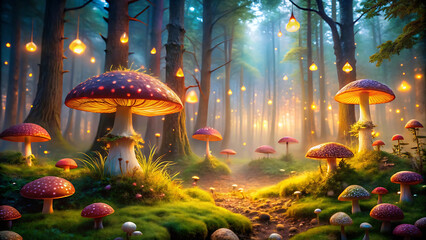 Mystical Enchanted Forest Filled With Glowing Mushrooms And Magic