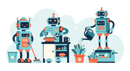 Robots Performing Household Chores - Cleaning, Cooking, and Gardening.