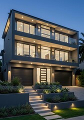 Fototapeta premium Modern three-story house with illuminated facade, multiple balconies, and landscaped garden at dusk, showcasing contemporary architectural design.