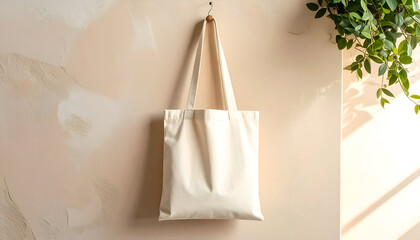 Cream-colored tote bag hanging on a wall with natural light and greenery.