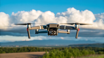 Drone in Mid-Flight Over Scenic Landscape with Trees and Mountains