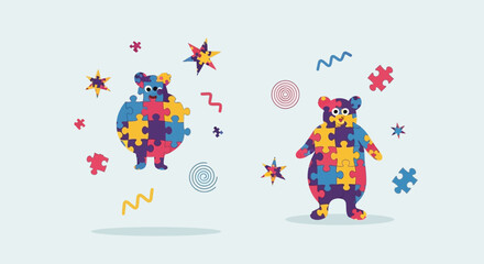 Two Colorful Puzzle Piece Bears Surrounded by Stars and Shapes.