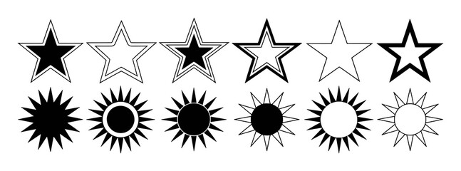 Collection of Black and White Star and Sun Icons on a White Background