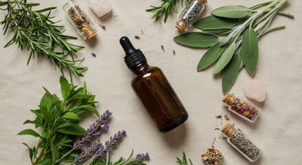 Aromatherapy Still Life: Essential Oils, Herbs, and Crystals.