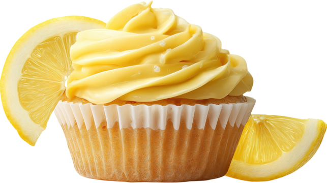 Vanilla cupcake with yellow whipped cream frosting isolated on white background.