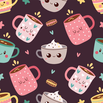 Cute Coffee cups and sweet treats seamless pattern. Hand Drawn Coffee mugs in kawaii style. Cute mugs with various patterns and designs. Vector illustration. 