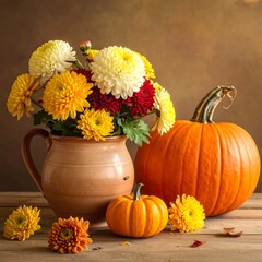 Autumnal bouquet and pumpkins