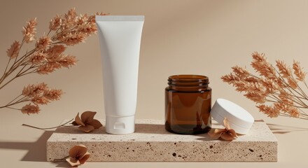 Minimalist Skincare Product Mockup with Dried Flowers and Jar