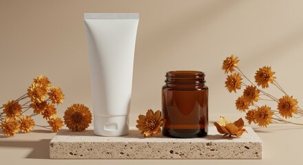 Minimalist Skincare Product Mockup with Dried Flowers