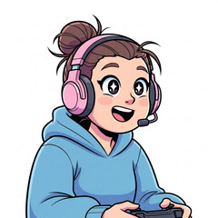 Illustration of young woman wearing headphones and holding a game controller
