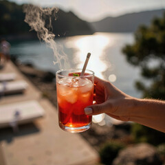 Enjoying a refreshing, steaming cocktail in hand while watching a beautiful golden sunset over the sea, a perfect moment of serene vacation relaxation.
