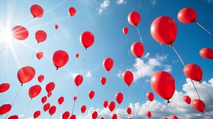 Vibrant red balloons ascend into a bright blue sky with fluffy clouds, symbolizing freedom, celebration, and joy in a dynamic visual. - Powered by Adobe
