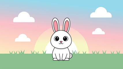 Fototapeta premium A cute cartoon white rabbit sitting in a field of grass at sunset, representing nature, spring, and animals in a charming illustration.