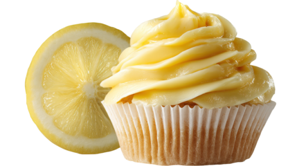 Vanilla cupcake with yellow whipped cream frosting isolated on white background.