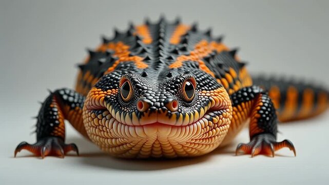 Close-up of stylized Gila Monster with orange, black, and white markings &mdash; textured symmetry, reptilian intensity, symbolic resilience.
