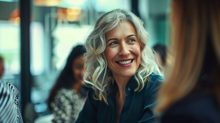 Successful businesswoman executive, leader discussing project management with diverse colleague. Happy middle aged business woman executive ceo leader discussing project management planning strategy w
