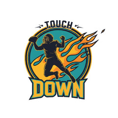 Fototapeta premium A dynamic American football logo featuring a player throwing a flaming ball with the words Touch Down.