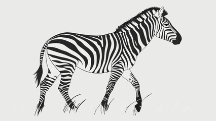 Fototapeta premium Striped Equine Animal Walking in Grass Black and White Vector Illustration.