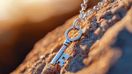 Elegant silver key pendant on delicate chain, glistening in sunlight, resting on textured surface