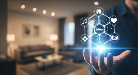 Concept of a smart home network managed by a person's hand with interconnected icons representing various smart devices and functionalities for modern living