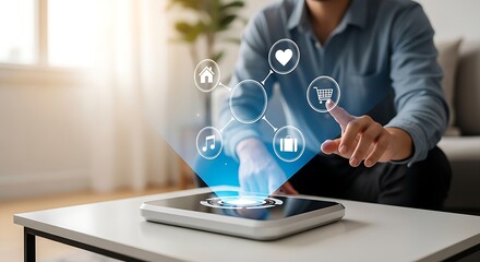 Person interacting with a futuristic holographic interface showing icons related to online shopping and social media engagement