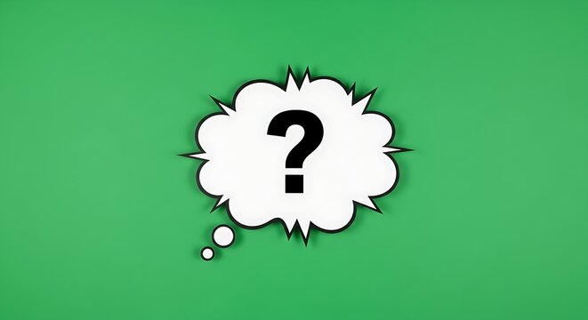 A white question mark within a speech bubble on a green background, symbolizing confusion, curiosity, and inquiry