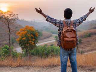 Energetic backpacker raising arms, celebrating mountain hike achievement with vibrant sunset backdrop