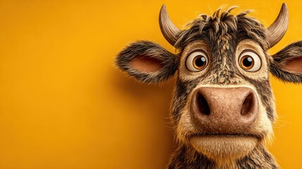 Close-up of cartoon cow head with large eyes on a solid yellow background