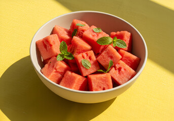 Fresh watermelon cubes with mint leaves served in bowl on summer table