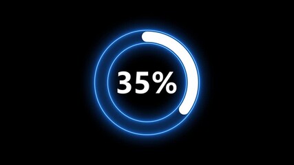 Glowing blue neon circle progress bar showing 35 percent on black background loading - Powered by Adobe