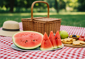 Picnic scene with watermelon wedges on blanket under warm summer sunlight