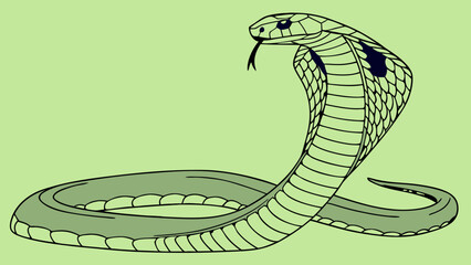 Fototapeta premium Stylized Cobra Snake Illustration Reptile Art Wildlife Design Green Scales Hooded Serpent Venomous Creature Animal Print Tattoo Design Nature Graphic Exotic Animal Herpetology Zoo Jun.