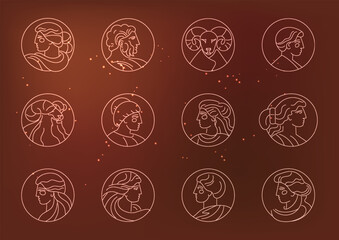 Neon Zodiac Signs Set with Profile Characters