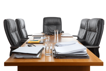 Modern boardroom table and leather chairs, isolated on a transparent background.