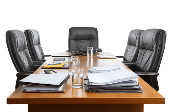 Modern boardroom table and leather chairs, isolated on a transparent background.
