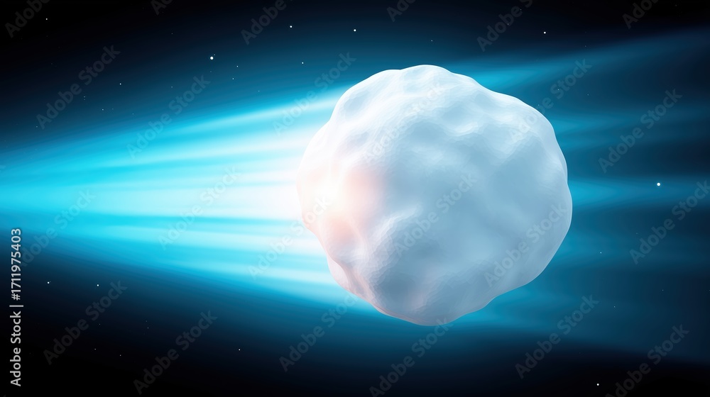 Poster celestial object resembling a comet with a bright tail, moving through the dark expanse of space, sh