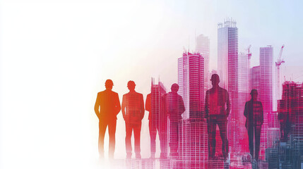 Silhouettes of business professionals against modern city skyline, symbolizing innovation and teamwork in urban development