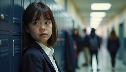 A young Asian girl with short black hair stands by a row of lockers in a school hallway. Other students are blurred in the background, creating a sense of isolation.