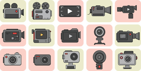 Flat Design Video Camera Vector Icon Set – Vintage Camcorder, DSLR, Webcam, Action Camera