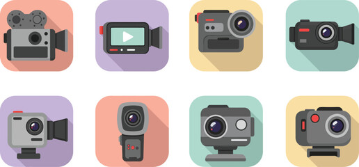 Flat Design Video Camera Vector Icon Set – Vintage Camcorder, DSLR, Webcam, Action Camera