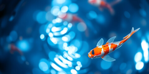 blue abstract bokeh background inspired by koi fish swimming in a dreamlike pond, with soft rippling lights and sparkling reflections.