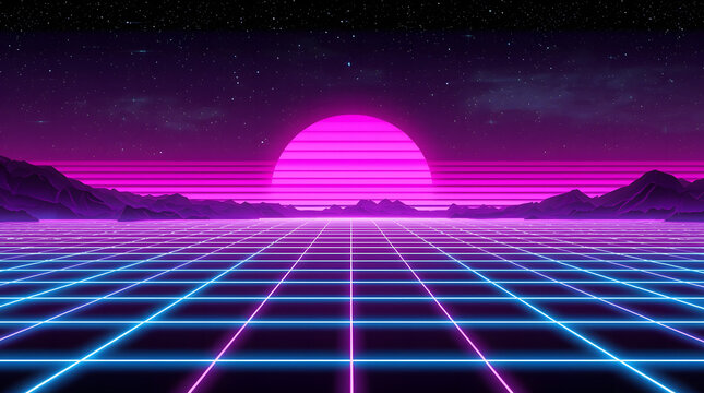 Retrofuturistic neon grid landscape with glowing pink sun, blue lines, starry sky, and mountain silhouettes — perfect for synthwave, vaporwave, and sci-fi themed designs.