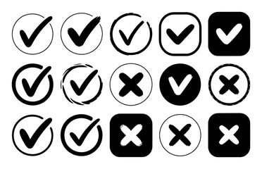 Collection of Checkmark and Cross Icons in Various Styles