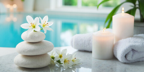 Background of Wellness. Relaxation concept in a spa by the swimming pool with white stones arranged alongside candles and bright white flowers by the pool.
