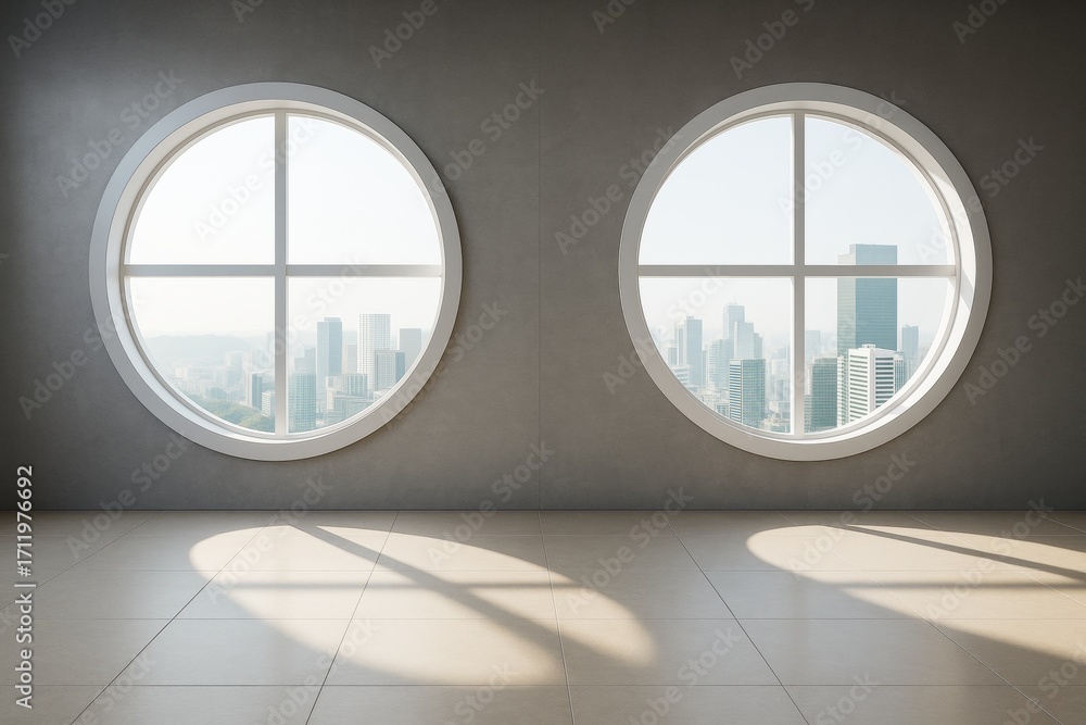 Aufkleber modern empty interior room with round windows and cityscape view in daylight, minimalist architectur