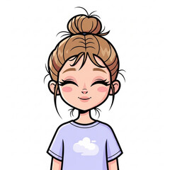 Fototapeta premium Illustration of cute cartoon girl with hair bun