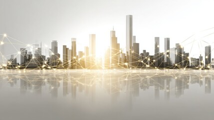 Obraz premium grid. Abstract city skyline with glowing connection lines, set against a gradient-lit atmospheric backdrop. real-estate listings.