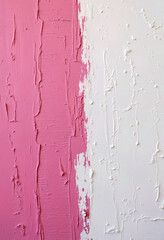 A minimalist abstract background with a distinct vertical division between rough pink and white impasto textures, symbolizing contrast, balance, and duality.
