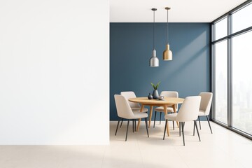 Modern dining room with blue accent wall, large windows, wooden table and stylish pendant lights in bright interior space with blank wall template.