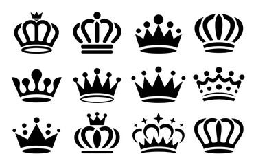 Collection of Twelve Black Silhouette Crown Icons